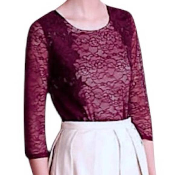 $148 Anthropologie Vintage Top Small 2 4 Wine Lace Overlay 3/4 Sleeve Mixed Lace - Picture 5 of 16